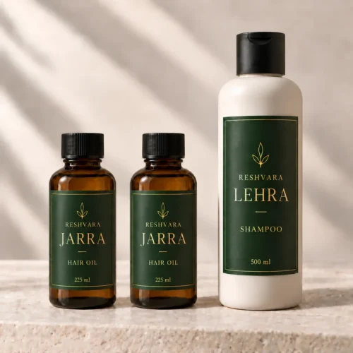 RESHVARA Signature Trio — 2 OILS + 1 SHAMPOO — illustrative packaging