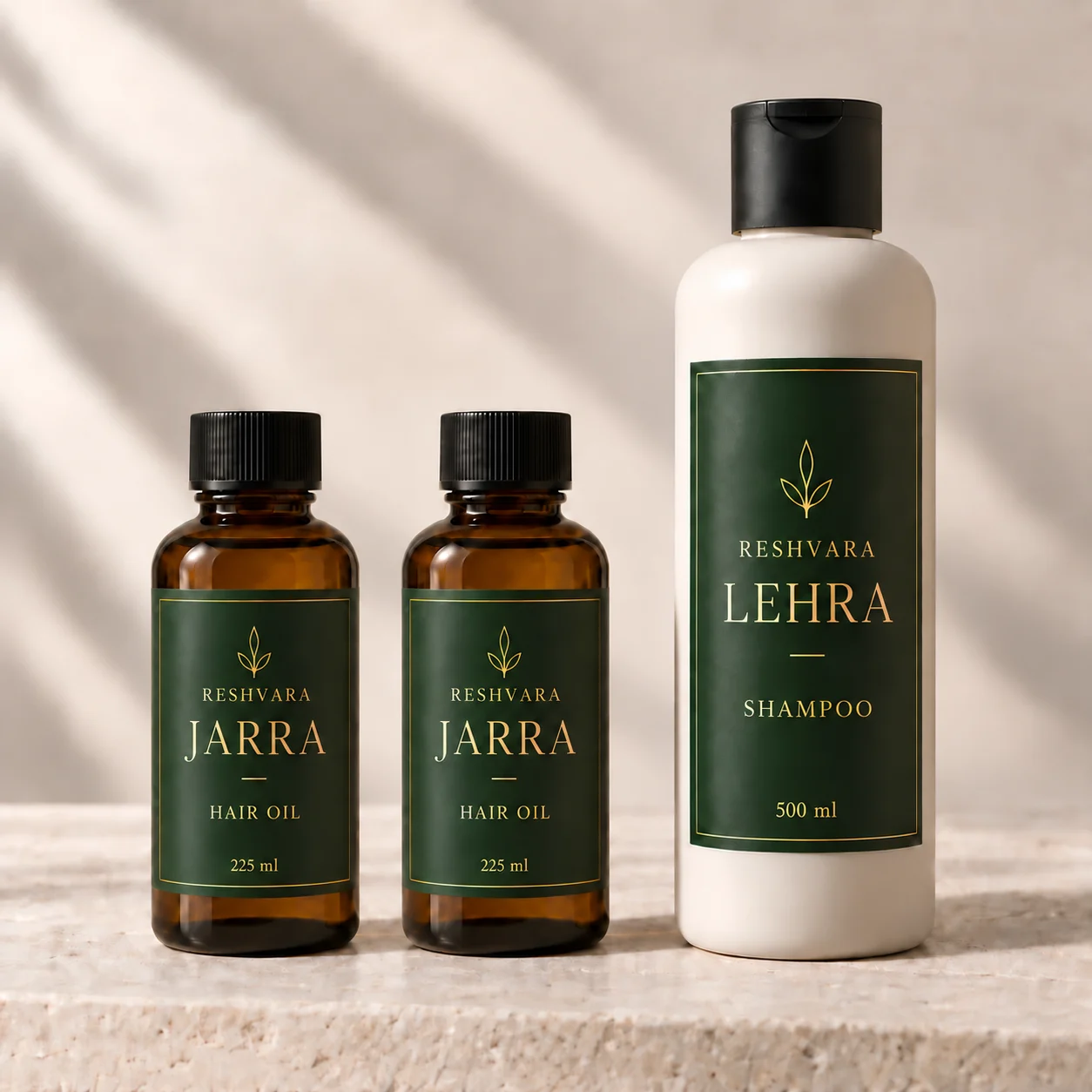 Signature Trio: two 225 ml JARRA oils and one 500 ml LEHRA shampoo